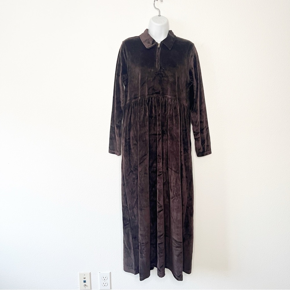 NET Jones New York Chocolate Brown Velvet Long Sleeve Dress W Pockets Small VTG